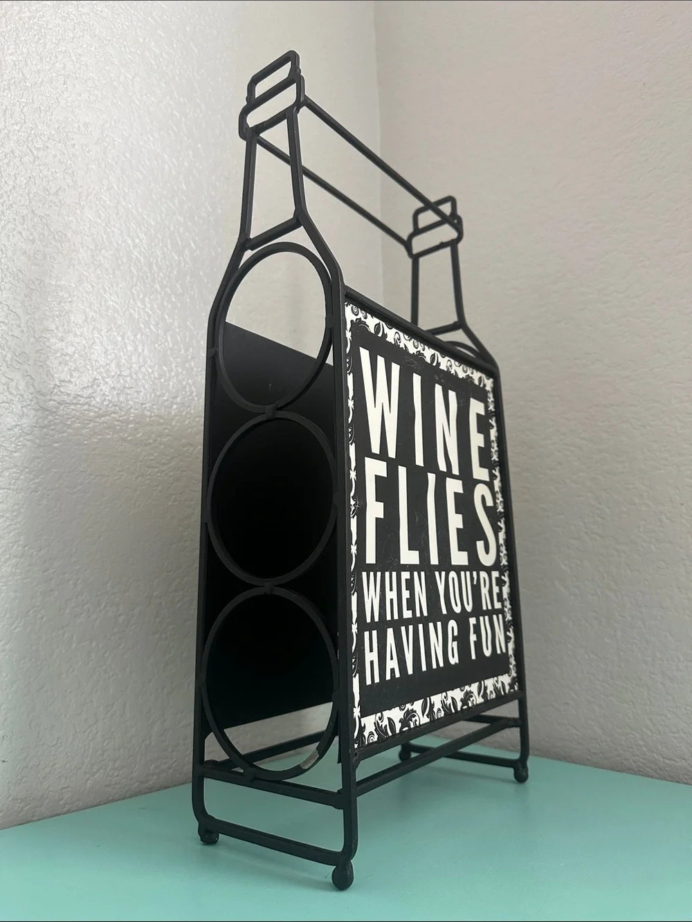 Wine Bottle Rack Décor ‘Wine Flies When You’re Having Fun’-used-good condition